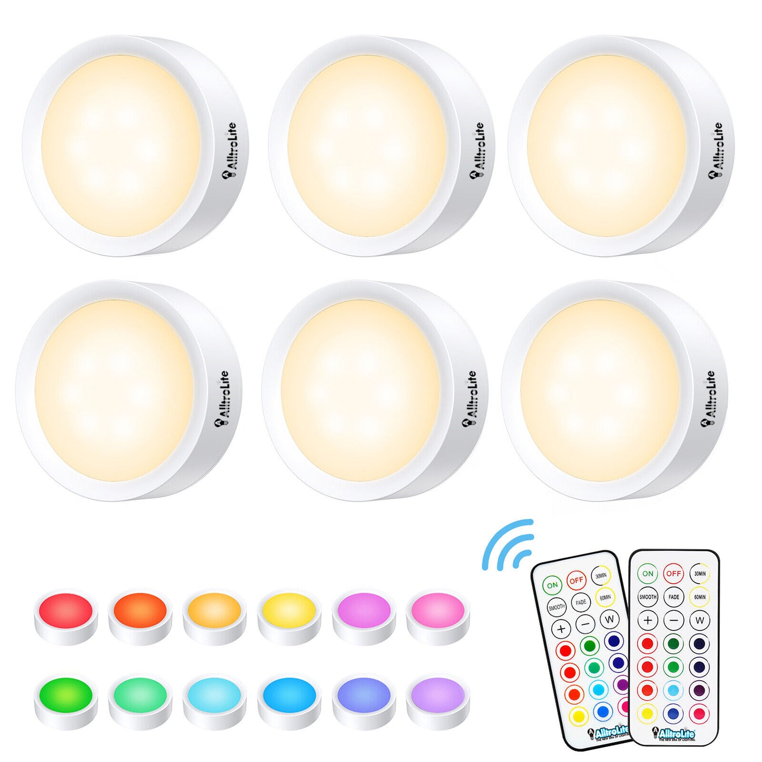 6 Pack Color Changing LED Puck Lights with 2 Remotes (FA7835) – Alltrolite